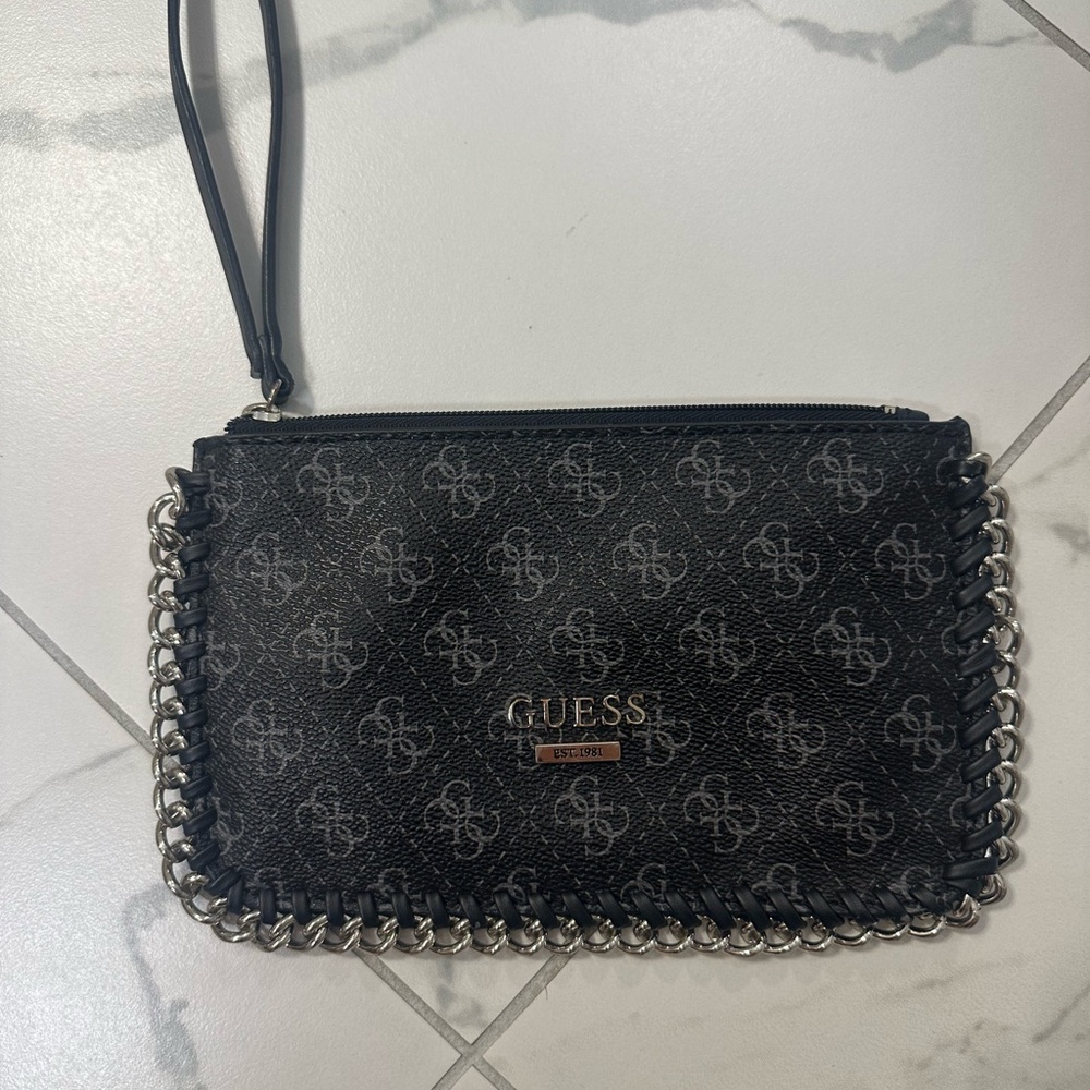Guess Black Logo Chain-Trim Wristlet Clutch
